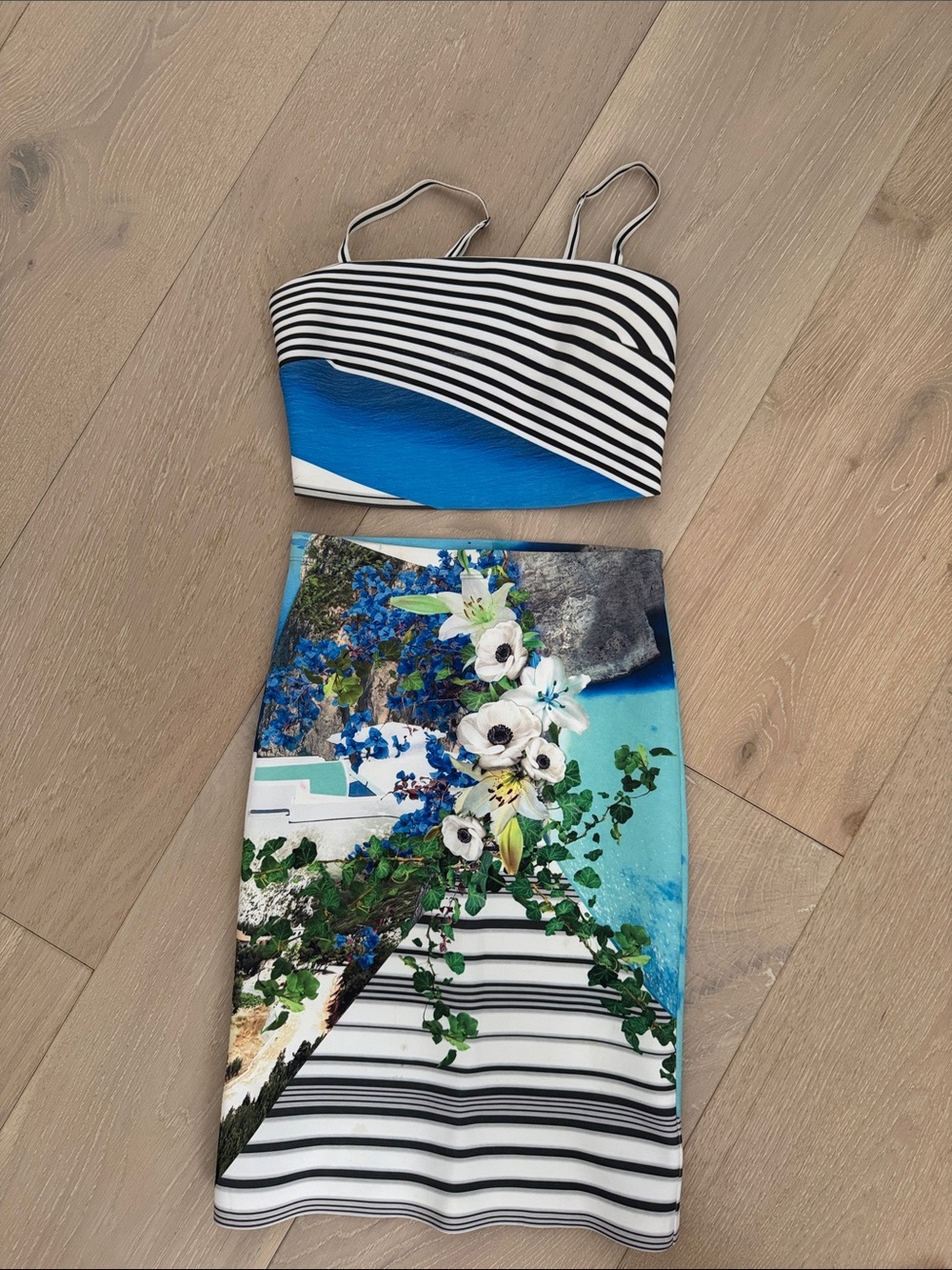 Clover Canyon Floral Stripe Midi Skirt with matching top in Blue and White
